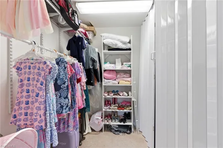 Walk in closet featuring light colored carpet