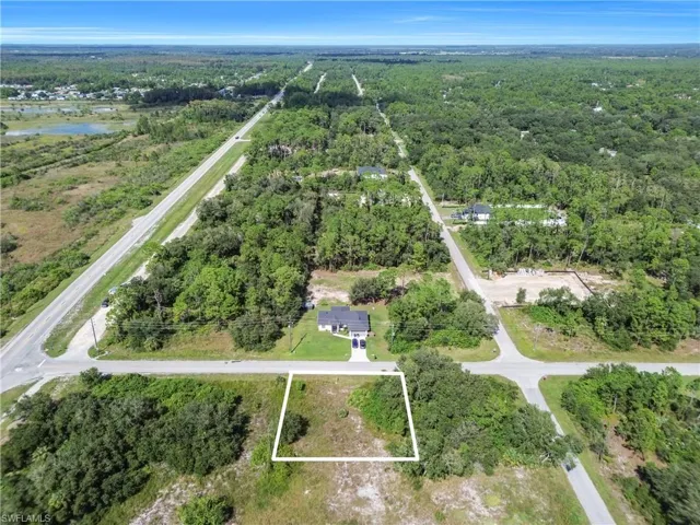 Aerial view of property and surrounding area featuring a forest and property boundaries highlighted