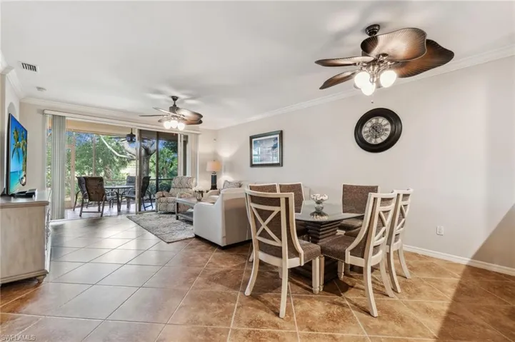Dining space featuring a ceiling fan, visible vents, and ornamental molding