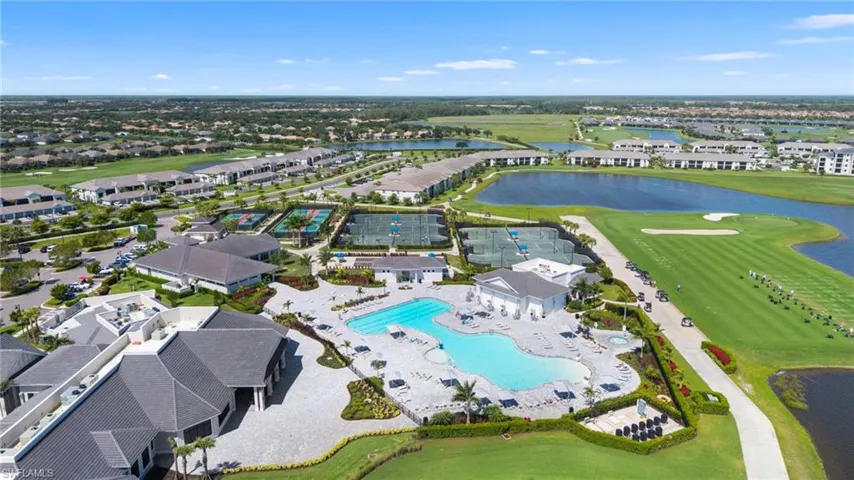 Aerial view of a golf club and a large body of water