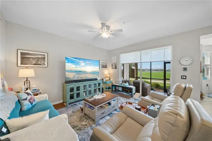 Living room featuring ceiling fan and healthy amount of natural light