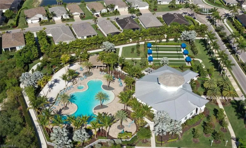 Aerial view of residential area featuring a pool area