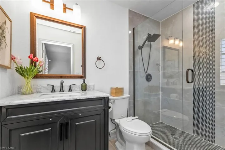 Bathroom with toilet, vanity, and a shower with door