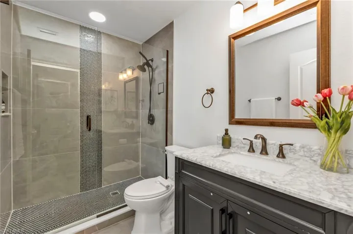 Bathroom with toilet, vanity, and walk in shower