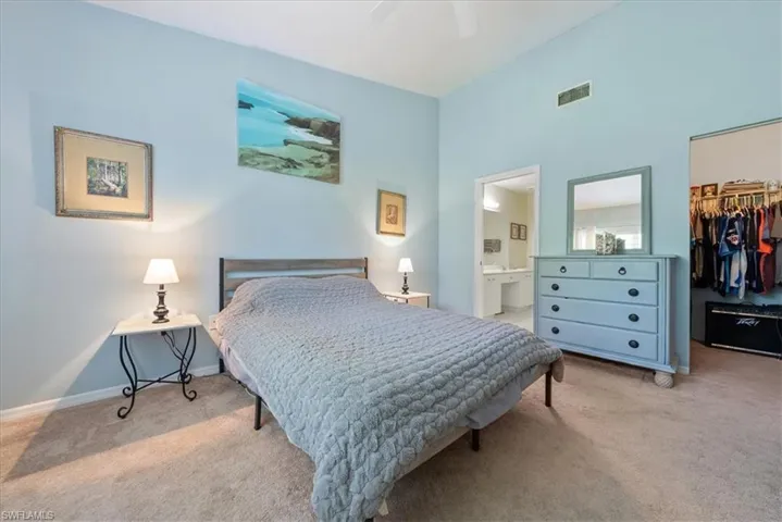 Carpeted bedroom featuring connected bathroom, visible vents, baseboards, a closet, and a spacious closet