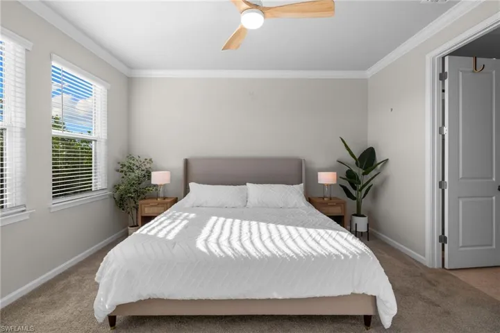 Carpeted bedroom with crown molding and a ceiling fan