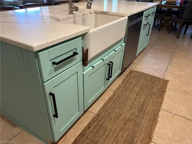 painted Beadboard island and farmhouse sink