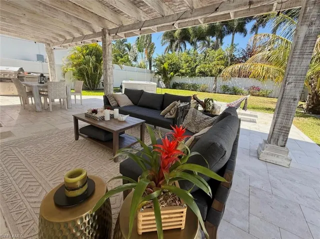 Fenced backyard with outdoor dining area, an outdoor hangout area, a patio, and grilling area