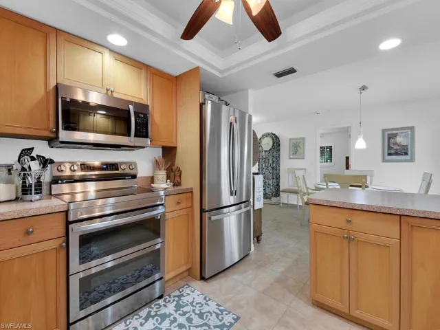 Kitchen with a tray ceiling, ceiling fan, crown molding, and stainless steel appliances
