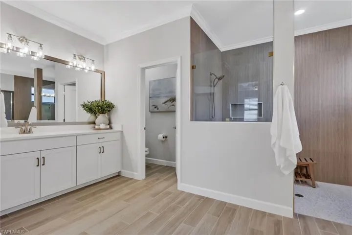 Full bathroom featuring vanity, a walk in shower, wood finish floors, and ornamental molding