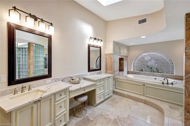 Whatever You Want In A SPA Suite Bath- It is Here. Cornerstone- Jetted Jacuzzi, 2 Large Sink Vanities, Make Up Vanity- Quartz, Solid High End Cabinetry, Travertine Polished Flooring