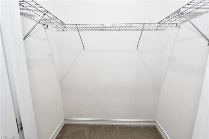 Spacious closet featuring dark colored carpet