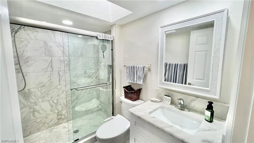 Bathroom featuring a skylight, vanity, toilet, and walk in shower