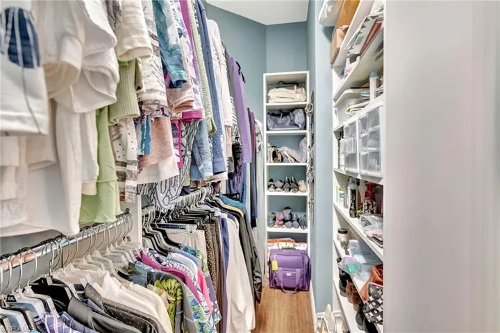 Walk in closet with wood finished floors