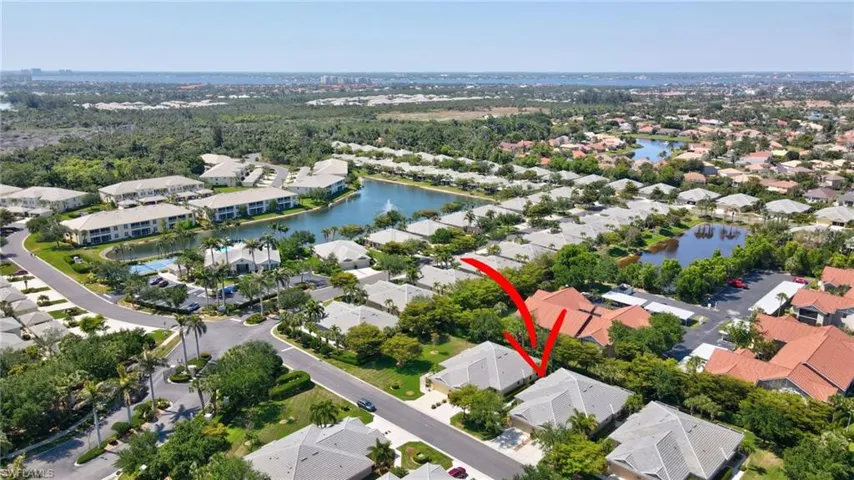 Bird's eye view with a water view and a residential view