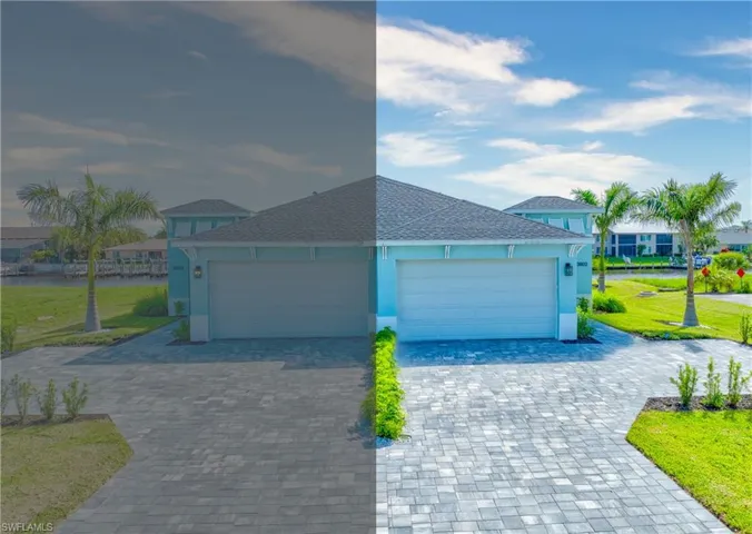 View of front of home featuring stucco siding, a garage, decorative driveway, roof with shingles, and a water view