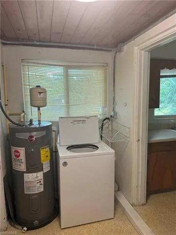 Laundry room featuring washer / clothes dryer, electric water heater, and wooden ceiling