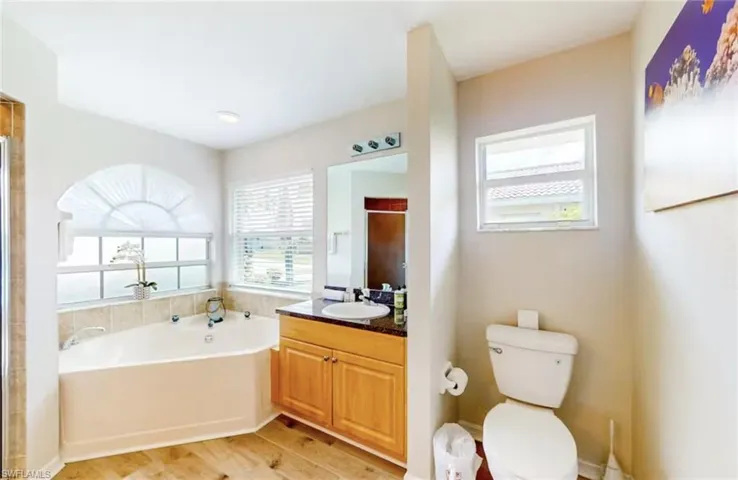 Bathroom featuring a corner soaking tub, arched window, wood-finish flooring, single vanity with dark countertop, and a shower enclosure