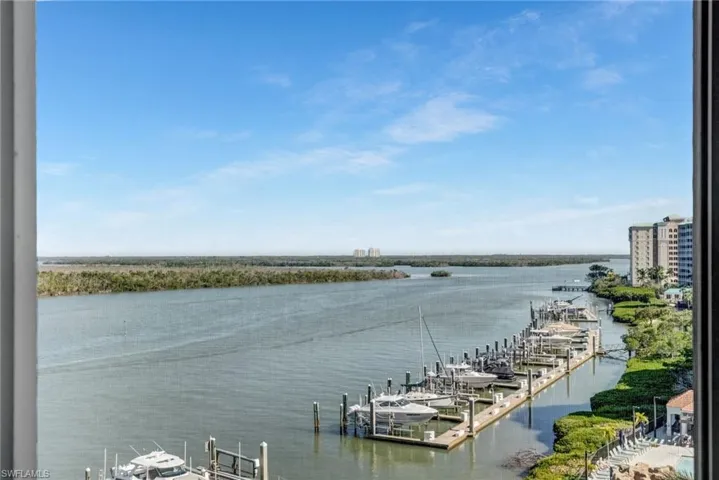 Bay view with a dock and numerous boat docks