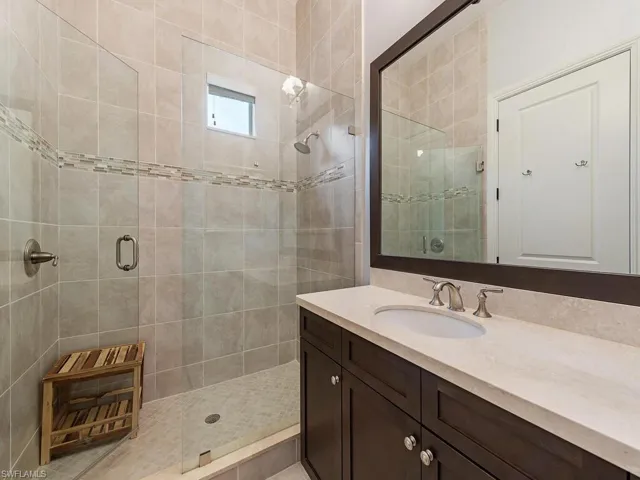 Full bath with vanity and a shower stall