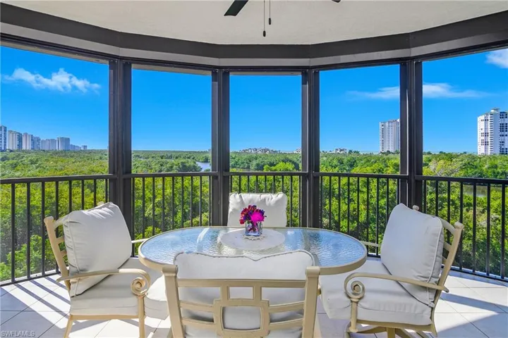 Enclosed lanai featuring views of estuary, gulf, and sunset views