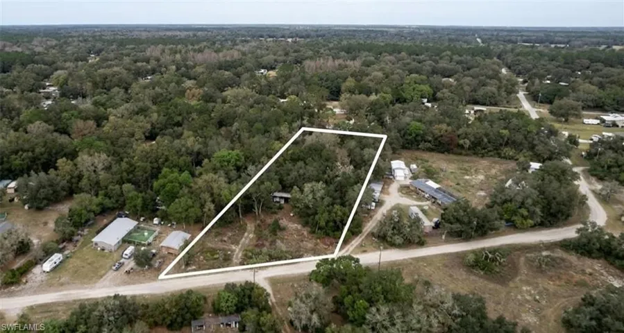 Expansive lot outlined in white, featuring mature trees and a mix of cleared and wooded areas