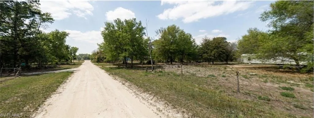 Long gravel driveway bordered by natural landscaping and mature trees