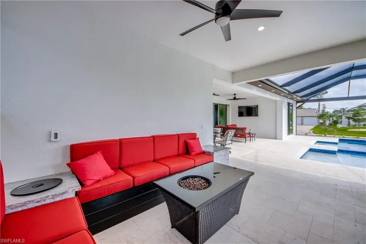 second Under Truss out door seating area by the pool- featuring built in seating- with buil in storage