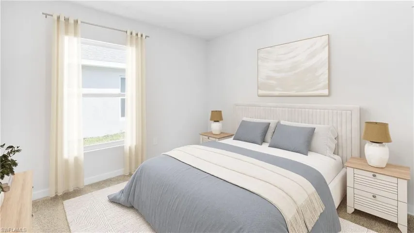 This home is virtually staged. Bedroom featuring carpet and baseboards