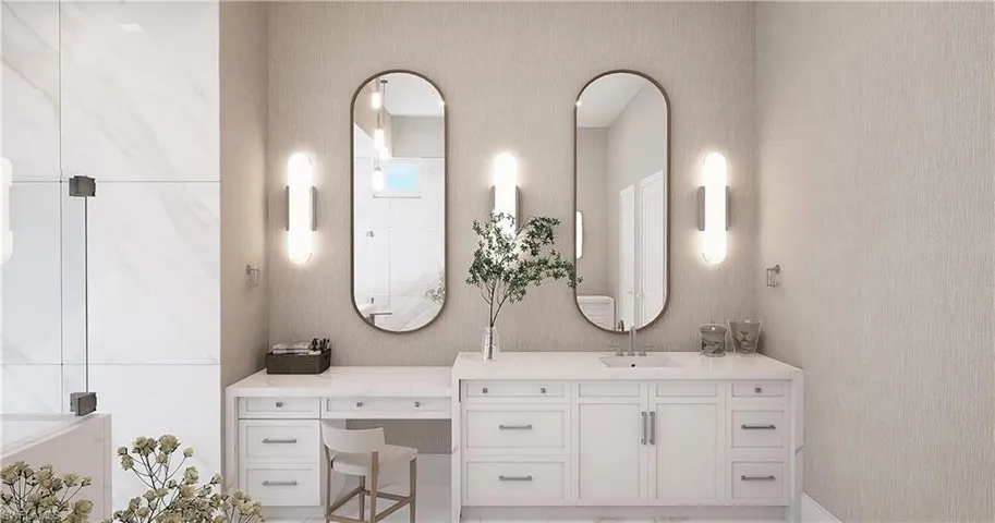 Renderings/images are for illustration only, based on a prior model and may show upgrades. Full bath featuring double vanity, high 12' ceilings, freestanding tub, and large walk in shower.