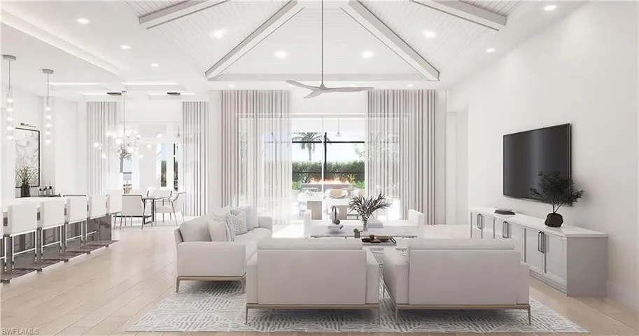Renderings/images are for illustration only, based on a prior model and may show upgrades. Living area featuring wood floors, recessed lighting, and high ceilings.