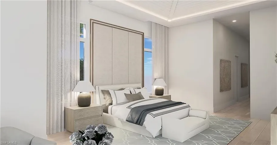 Renderings/images are for illustration only, based on a prior model and may show upgrades. Bedroom featuring light wood-type flooring, recessed lighting, and 12' ceilings.