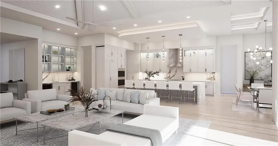 Renderings/images are for illustration only, based on a prior model and may show upgrades. Kitchen and living area with hood, freestanding island with waterfall, built in pantry, build in stove/microwave.