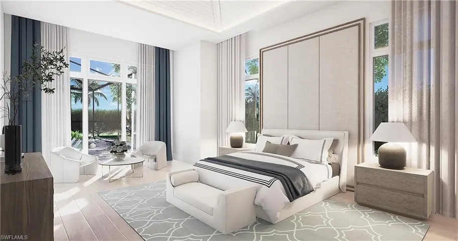 Renderings/images are for illustration only, based on a prior model and may show upgrades. Bedroom featuring wood finished floors and 12' ceilings.