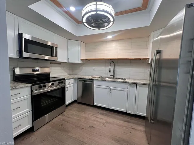 Kitchen with stainless steel appliances, light stone counters, white cabinetry, a tray ceiling, and dark wood finished floors