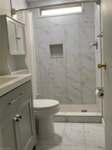 Bathroom with vanity, toilet, and a shower with shower curtain