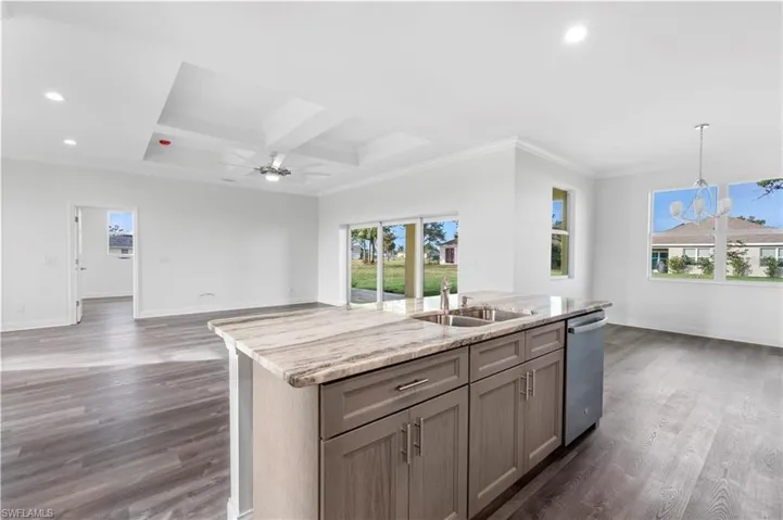 Kitchen with dishwasher, a sink, dark wood-style floors, healthy amount of natural light, and coffered ceiling
