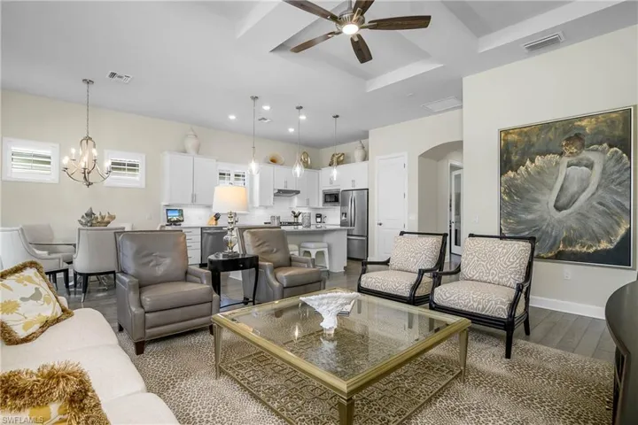 Open great room, kitchen, dining.