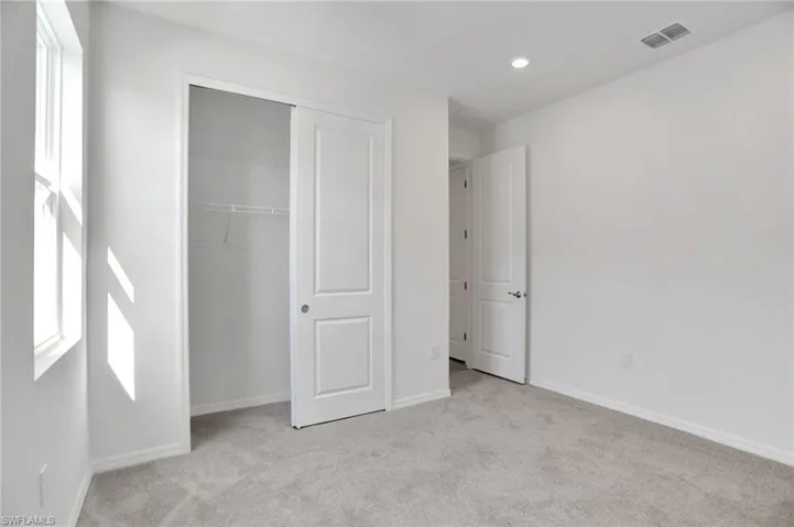 Unfurnished bedroom featuring multiple windows, light carpet, and a closet