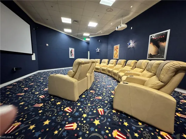 Home theater featuring carpet floors and a drop ceiling