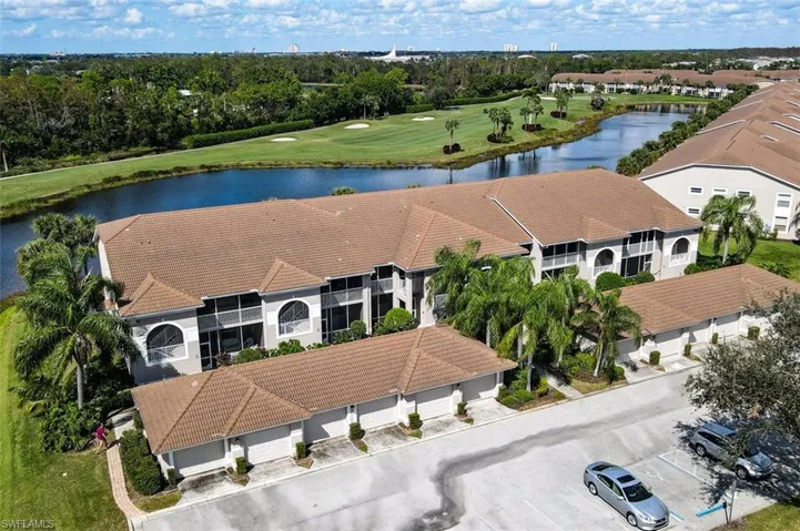 Aerial view of a nearby body of water and a golf course