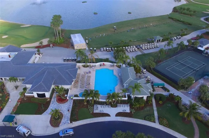 Aerial view of a local golf course and a large body of water