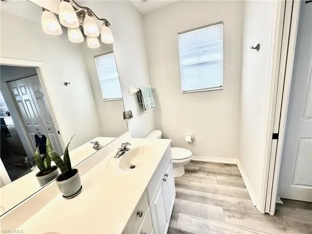 Bathroom featuring vanity, hardwood / wood-style flooring, and toilet