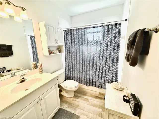 Bathroom featuring hardwood / wood-style flooring, vanity, toilet, and curtained shower