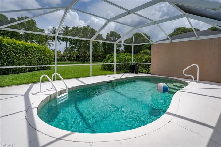 Screen-enclosed pool featuring a curvilinear design and integrated steps