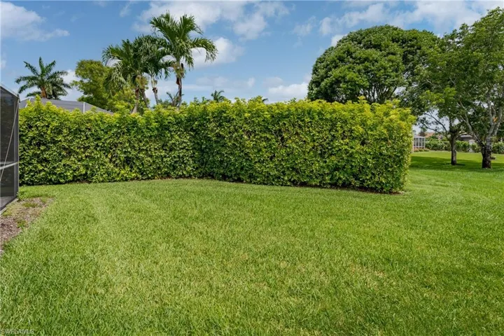 Expansive green lawn bordered by a dense, manicured hedge