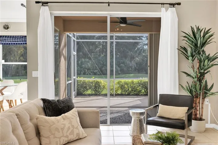 Living room view of private back yard