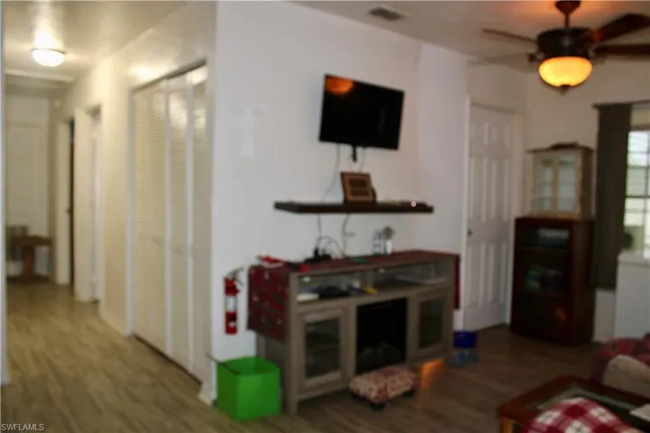 Living room featuring ceiling fan and wood-type flooring