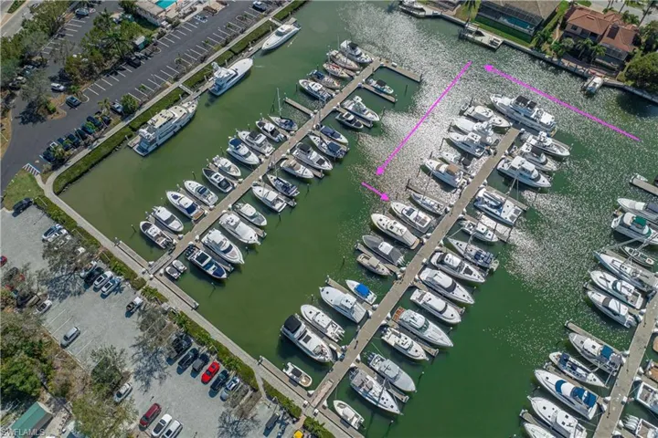 Bird's eye view of a nearby body of water and a marina