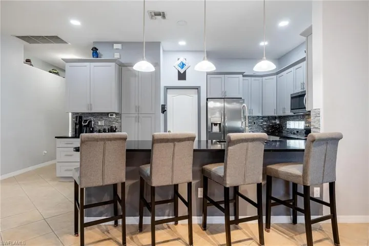 Kitchen with peninsula and gray cabinets